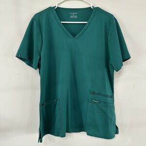 Women's Jaanuu Moisture Wicking Hunter Green Scrub Top XL Zipper Pocket V Neck